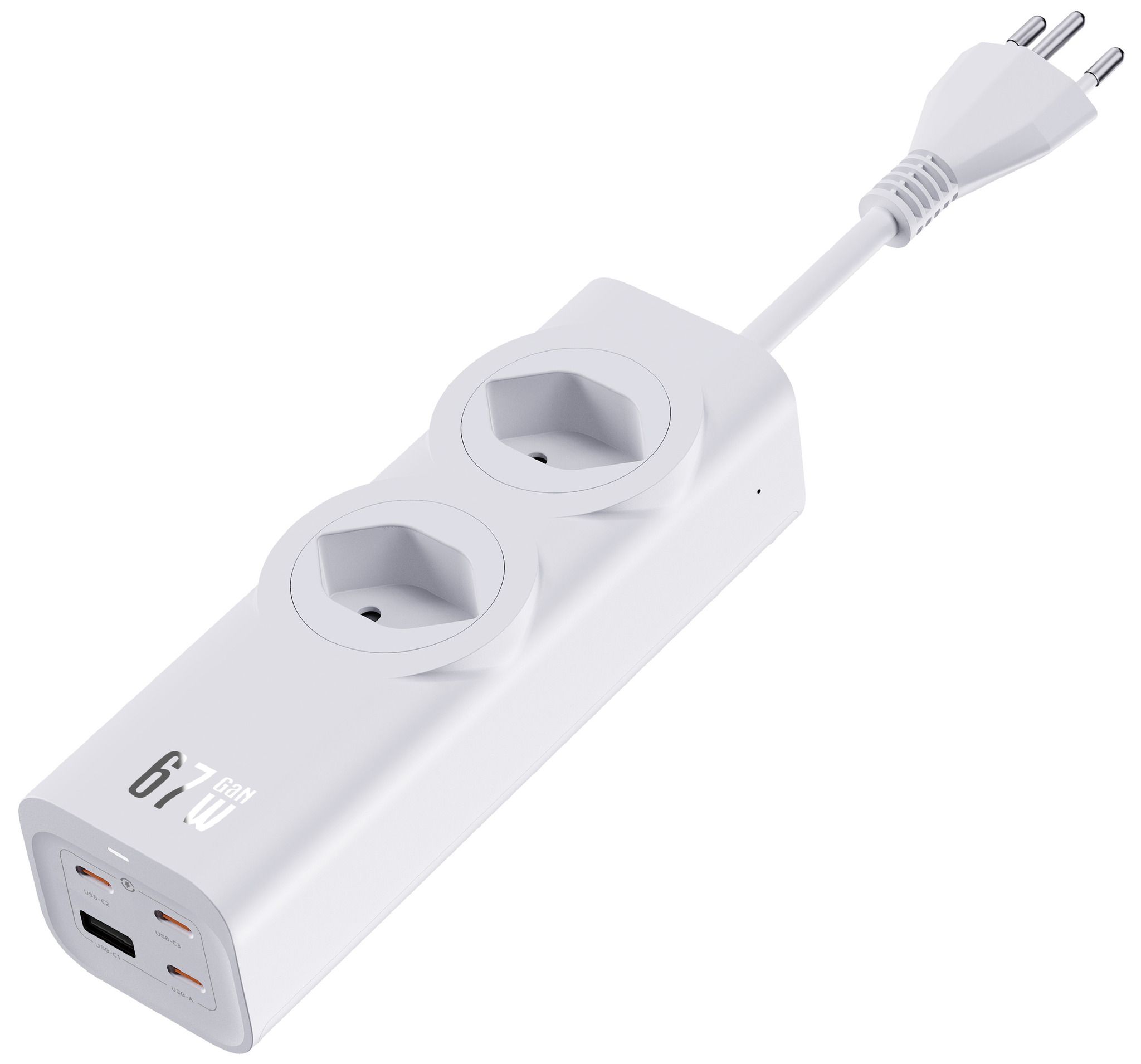 67W GaN Fast Charging Station - 2x T13, Out: USB-C1/ C2/ C3: 67W PD, C1+C2 shared: 45W + C3: 20W, USB-A: 5W, GaN, 2m Kabel, weiss