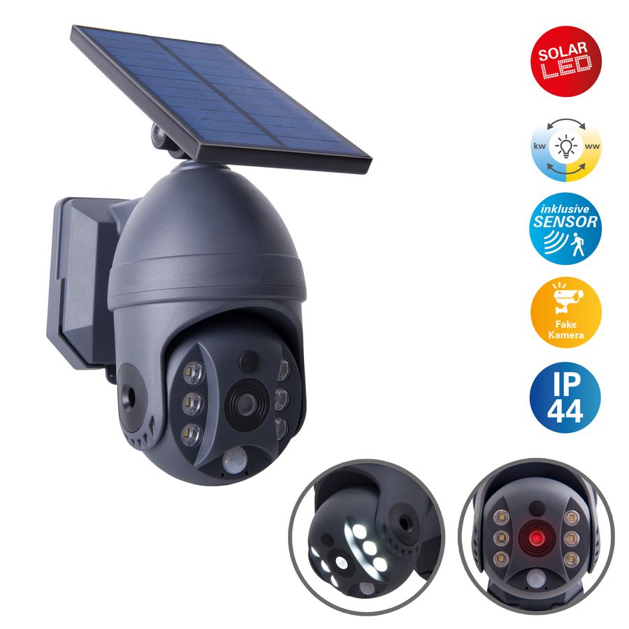 LED Solar Aussenwandleuchte mit Imitationskamera - IP44, 60lm, 6000-7000K