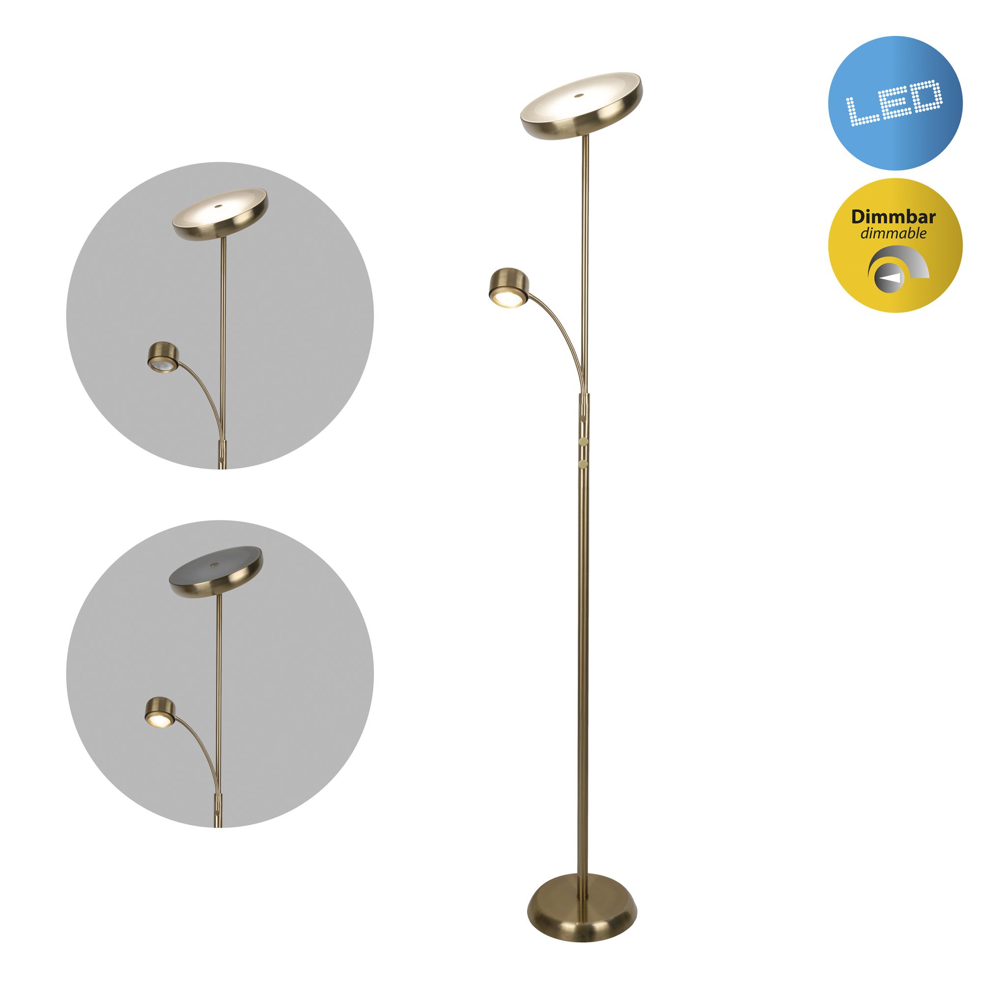 LED Stehleuchte  ROMIS  mit Lesearm H: 180cm messing matt - IP20, LED-Modul, Messingmatt