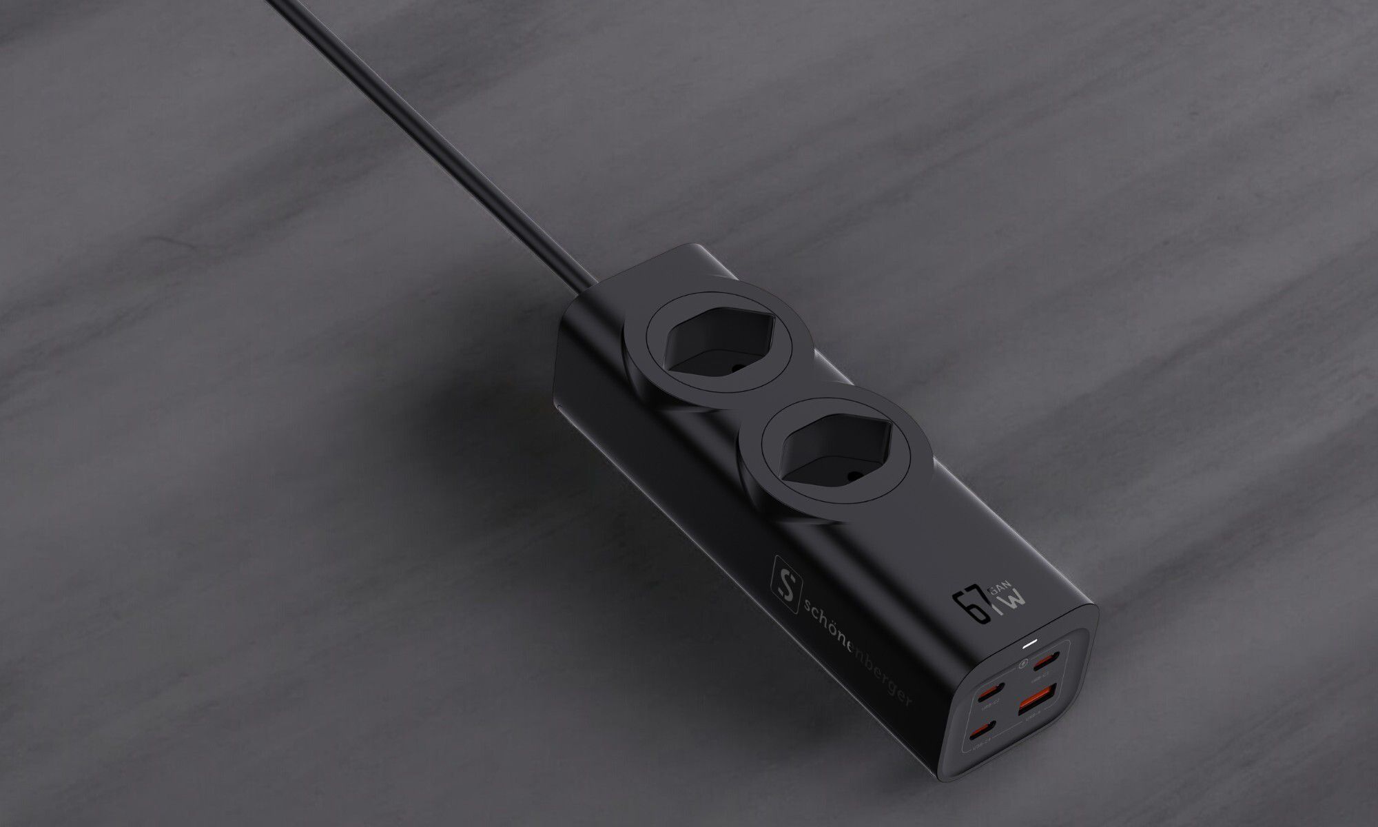 67W GaN Fast Charging Station - 2x T13, Out: USB-C1/ C2/ C3: 67W PD, C1+C2 shared: 45W + C3: 20W, USB-A: 5W, GaN, 1.5m Kabel,schwarz