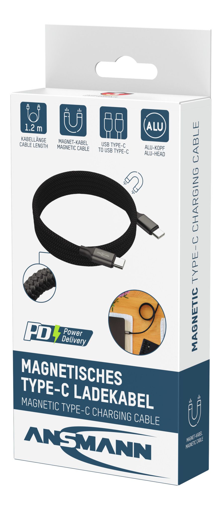 Magnetisches Kabel USB Typ-C auf USB Typ-C - 120 cm,  schwarz