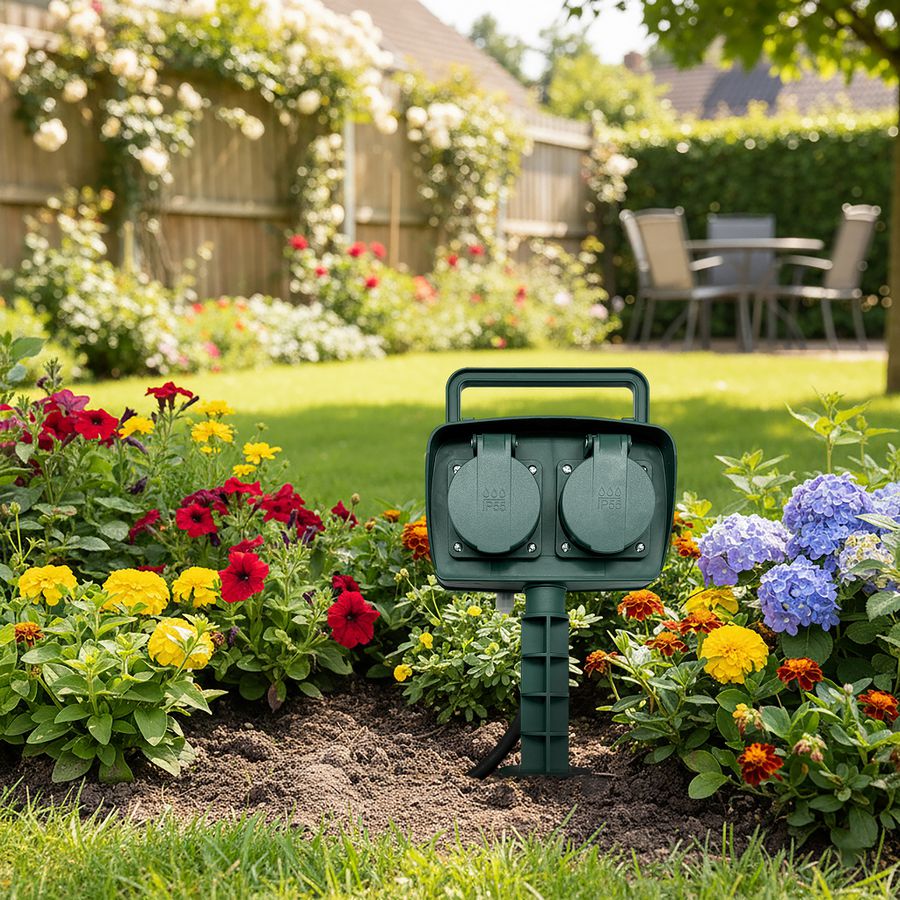 IP55 Gartenstromverteiler - 230V AC, max.10A, 4xT13 (IP55), dunkelgrün, 5m Anschl. IP55, L=190mm, B=190mm, H=160mm