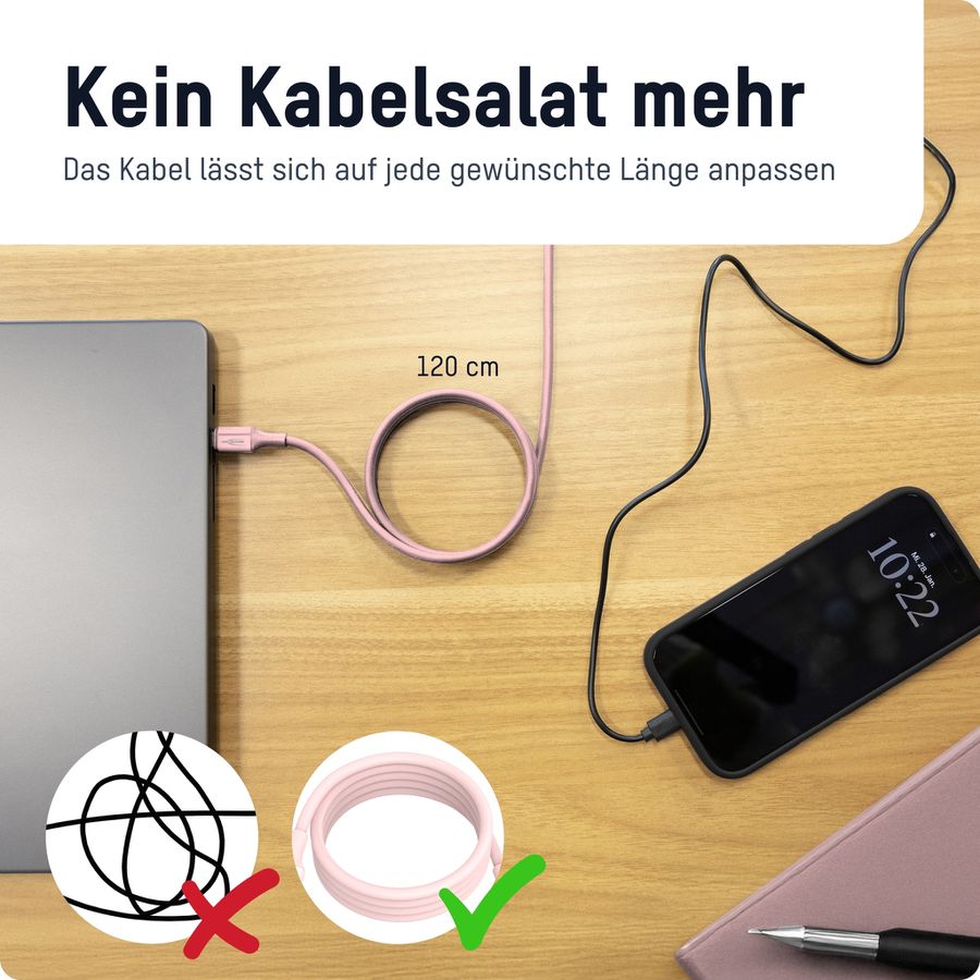 Magnetisches Silikonkabel USB-C auf USB-C, 120cm rose - Magnetisches Silikonkabel USB-C auf USB-C, 120cm rose