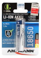 Lithium-Ionen Batterie 18650 - Li-Ion Akku 18650 2600 mAh, 3.6V, silber, geschützter Akku aufgrund Sicherheitsbeschaltung