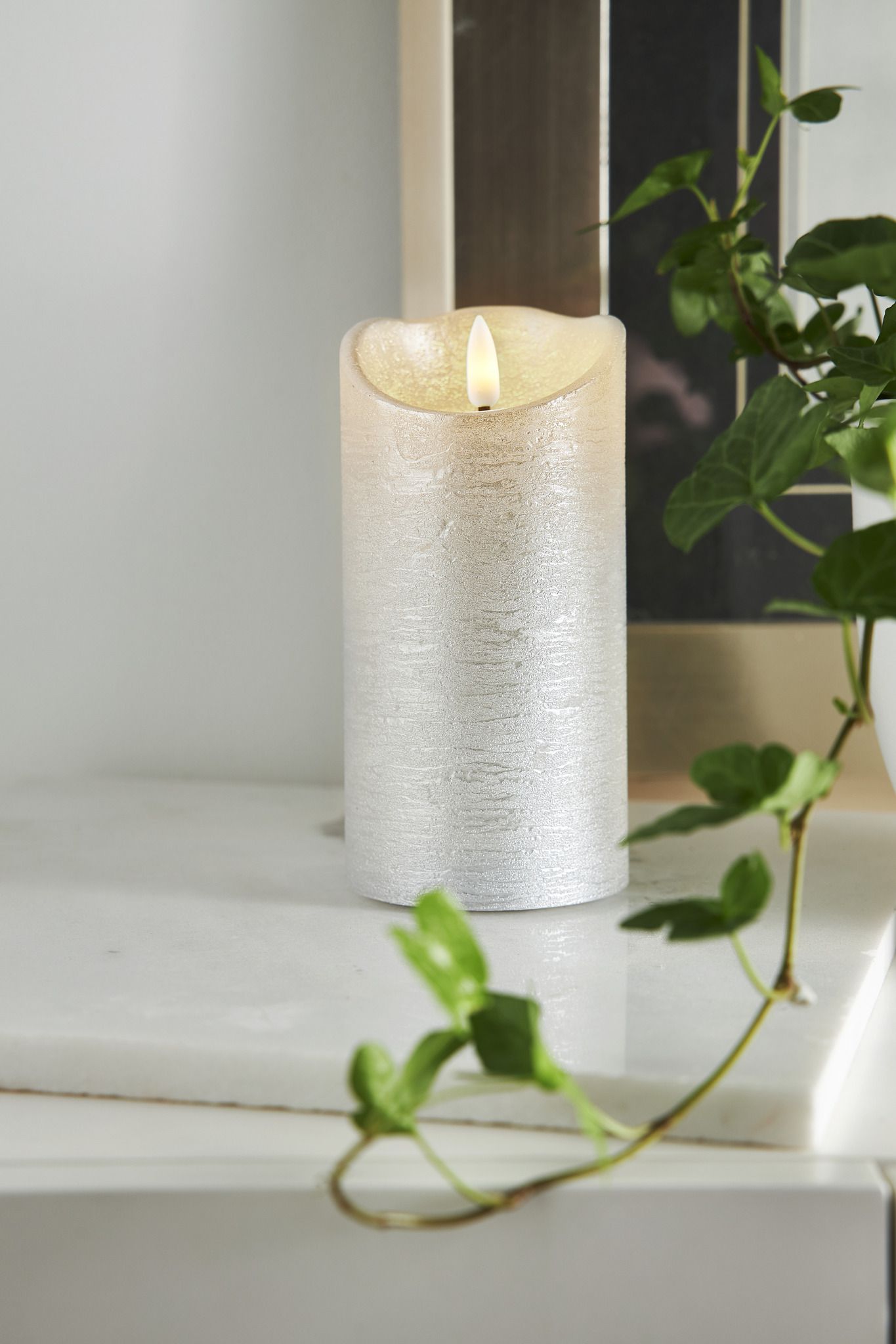 LED Pillar Kerze Flamme Rustic - Indoor, Silber, 15.00 cm Höhe,  Timerfunktion