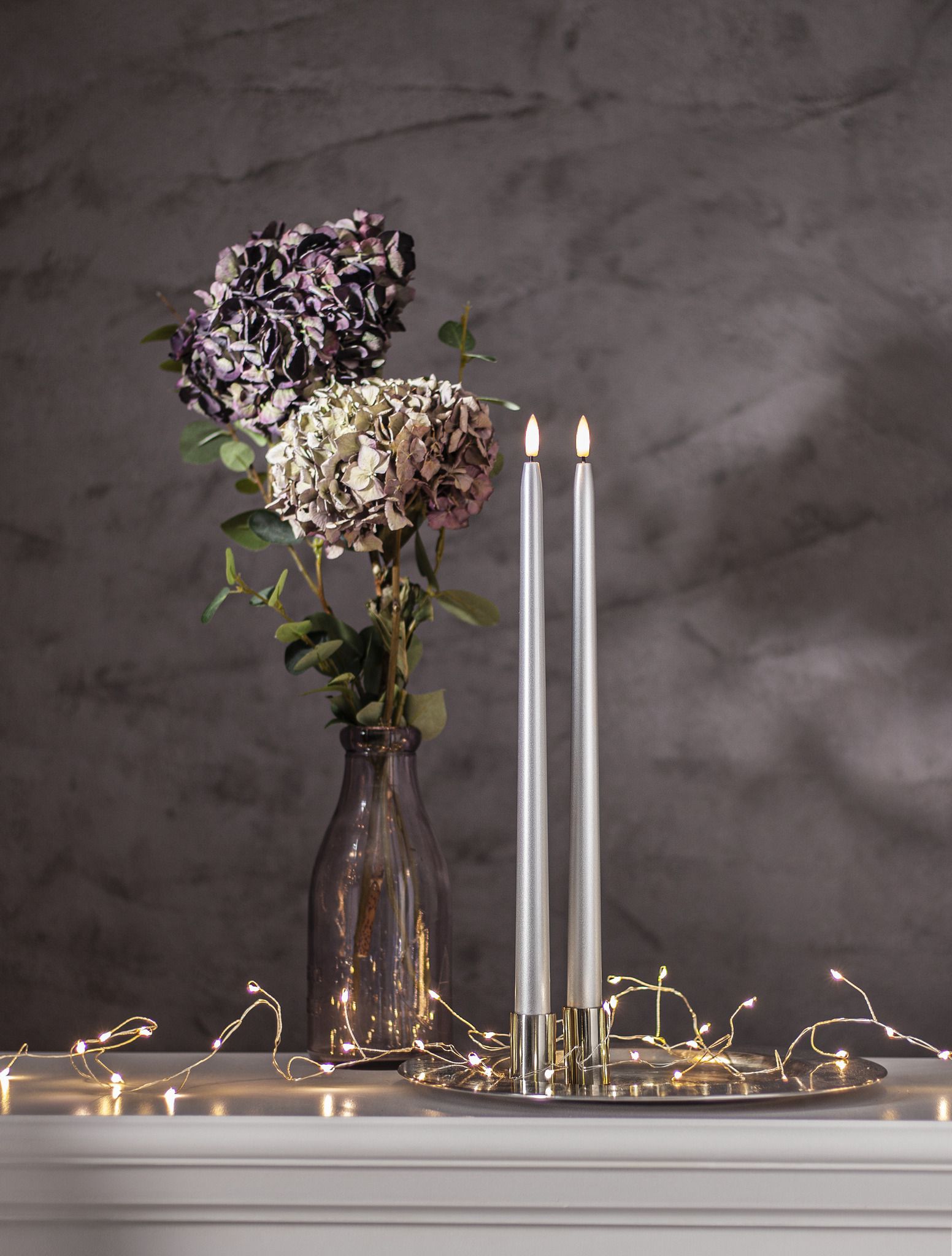 LED Dinner Kerze 2 pack Flamme Metal - Indoor, Silber, 39.00cm Höhe