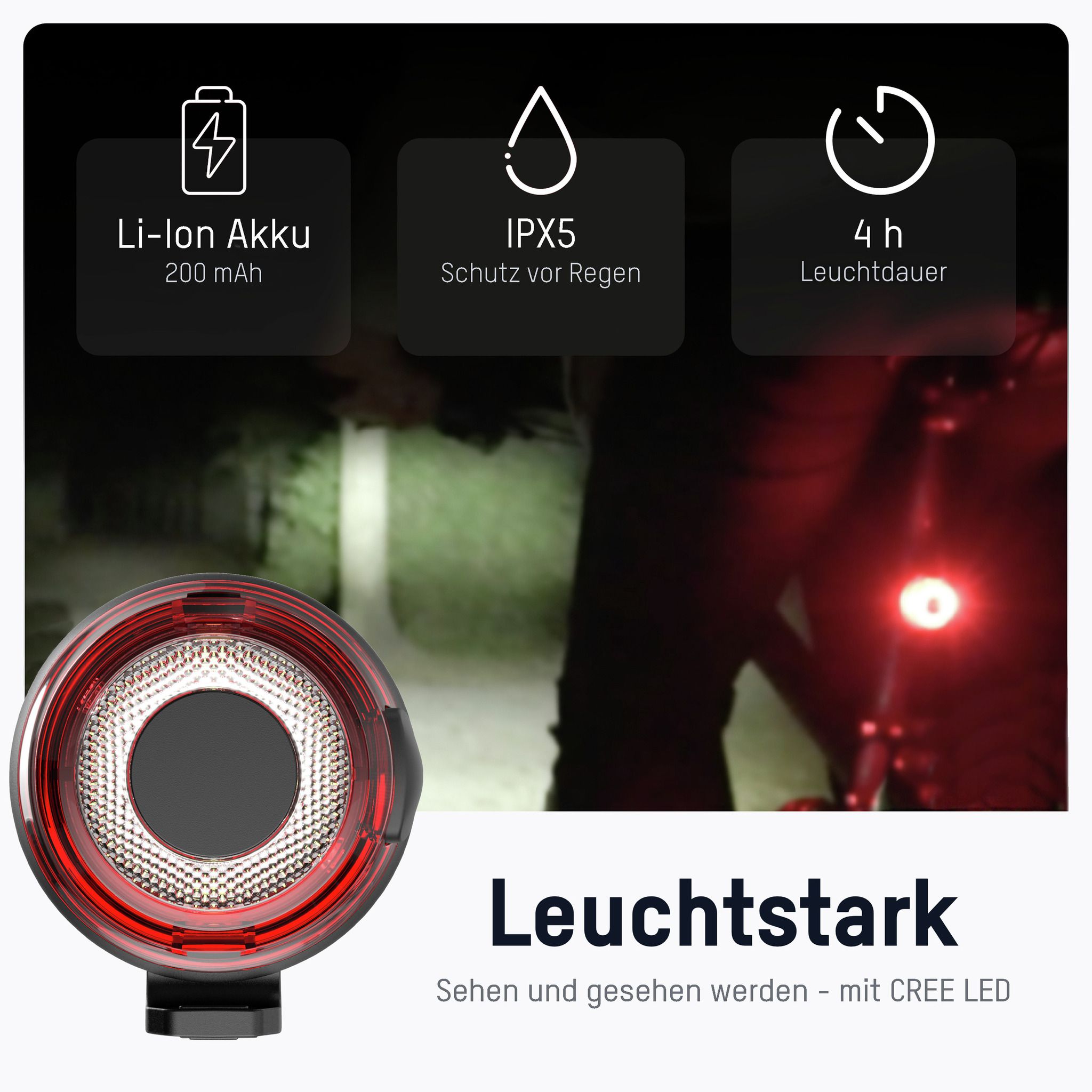 Bikelight Rear-LED round 200mAh - LED Fahrrad Rücklicht, Ladekabel