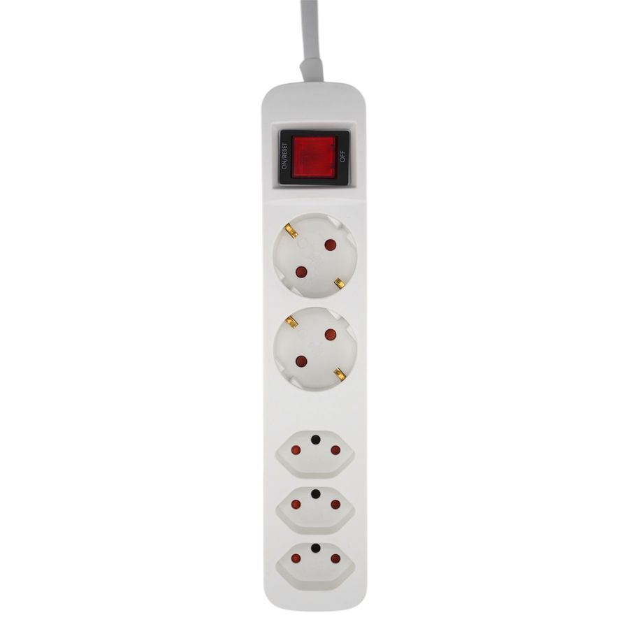 Steckdosenleiste CH/Schuko - 2x Schuko + 3xT13 Steckdosen, T12 Stecker, 1.5m Kabel, integrierter Leuchtschalter, weiss, mit Kinde