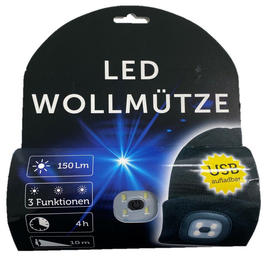 LED Wollmütze grau, USB aufladbar - grau, 150lm, inkl. USB-Akku, Blister Verpackung