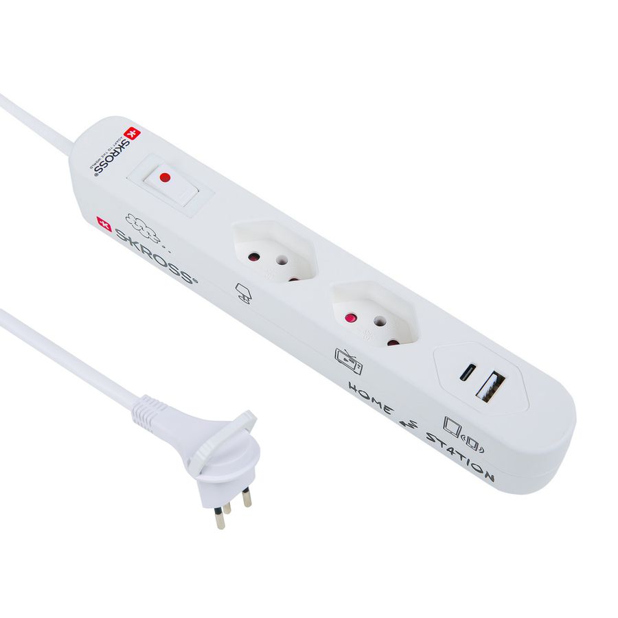 SKROSS Home Station USB-C - 1xUSB-C, 1xUSB-A 5.0V, max.3.4A 2xT13 quer, Flachstecker T12 mit Lasche, 1.5m Kabel, weiss