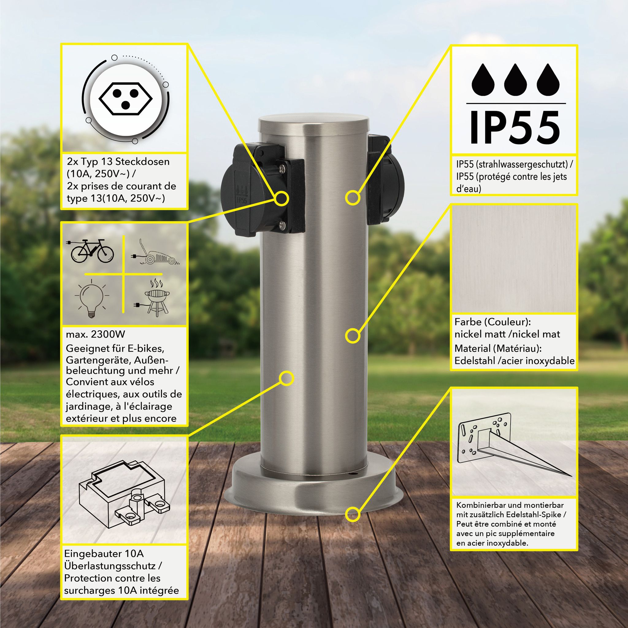 IP55 Energiesäule 2xT13 - 230V AC, max. 10A, 2xT13, IP55, nickel, rostfrei, Überlastschutz