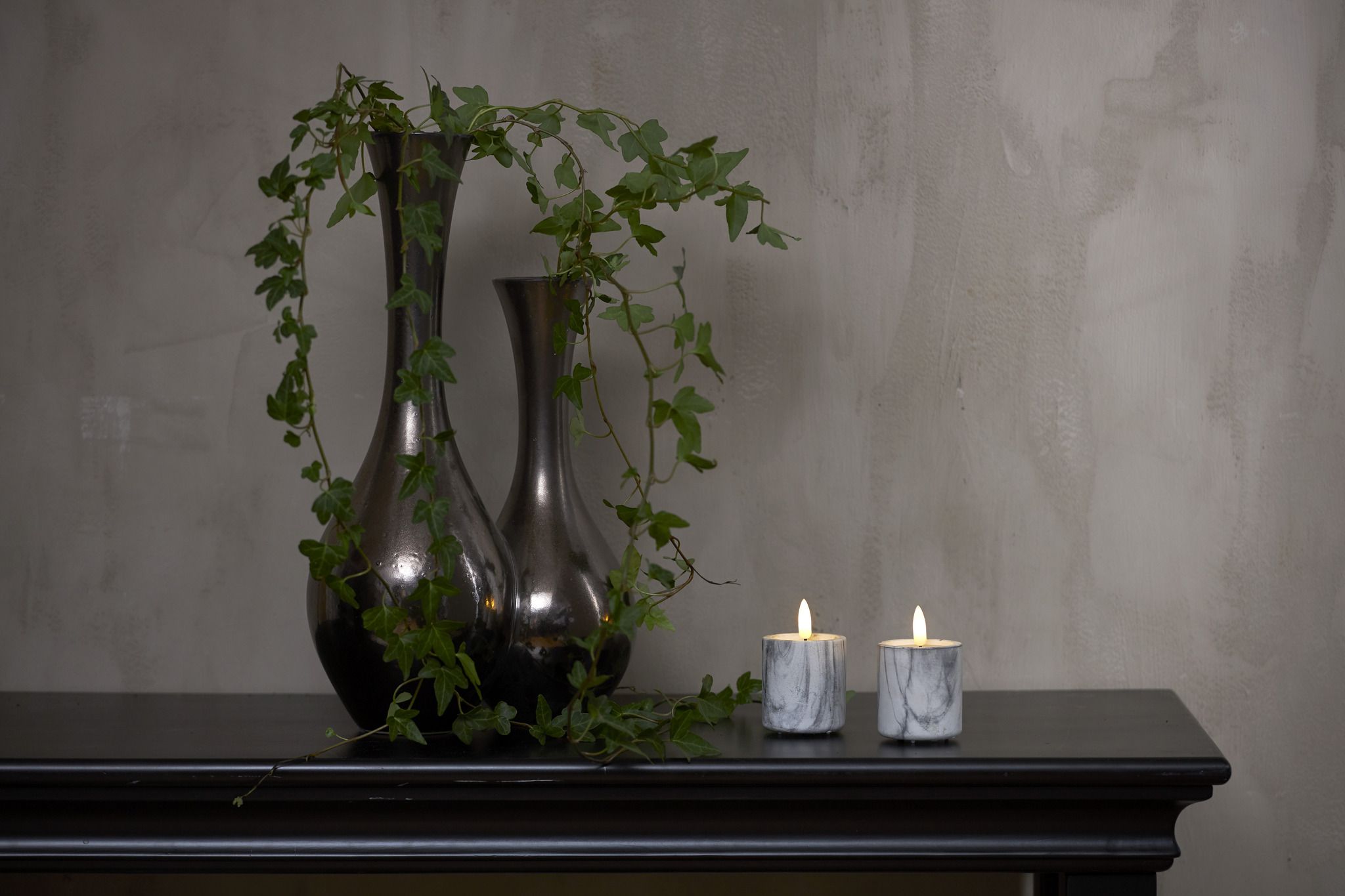 LED Pillar Kerze 2P Flamme Marble - Indoor, Grau, 9cm, Timerfunktion