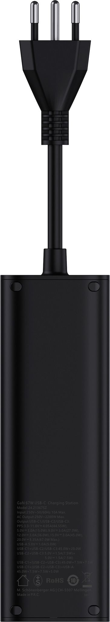 67W GaN Fast Charging Station - 2x T13, Out: USB-C1/ C2/ C3: 67W PD, C1+C2 shared: 45W + C3: 20W, USB-A: 5W, GaN, 1.5m Kabel,schwarz