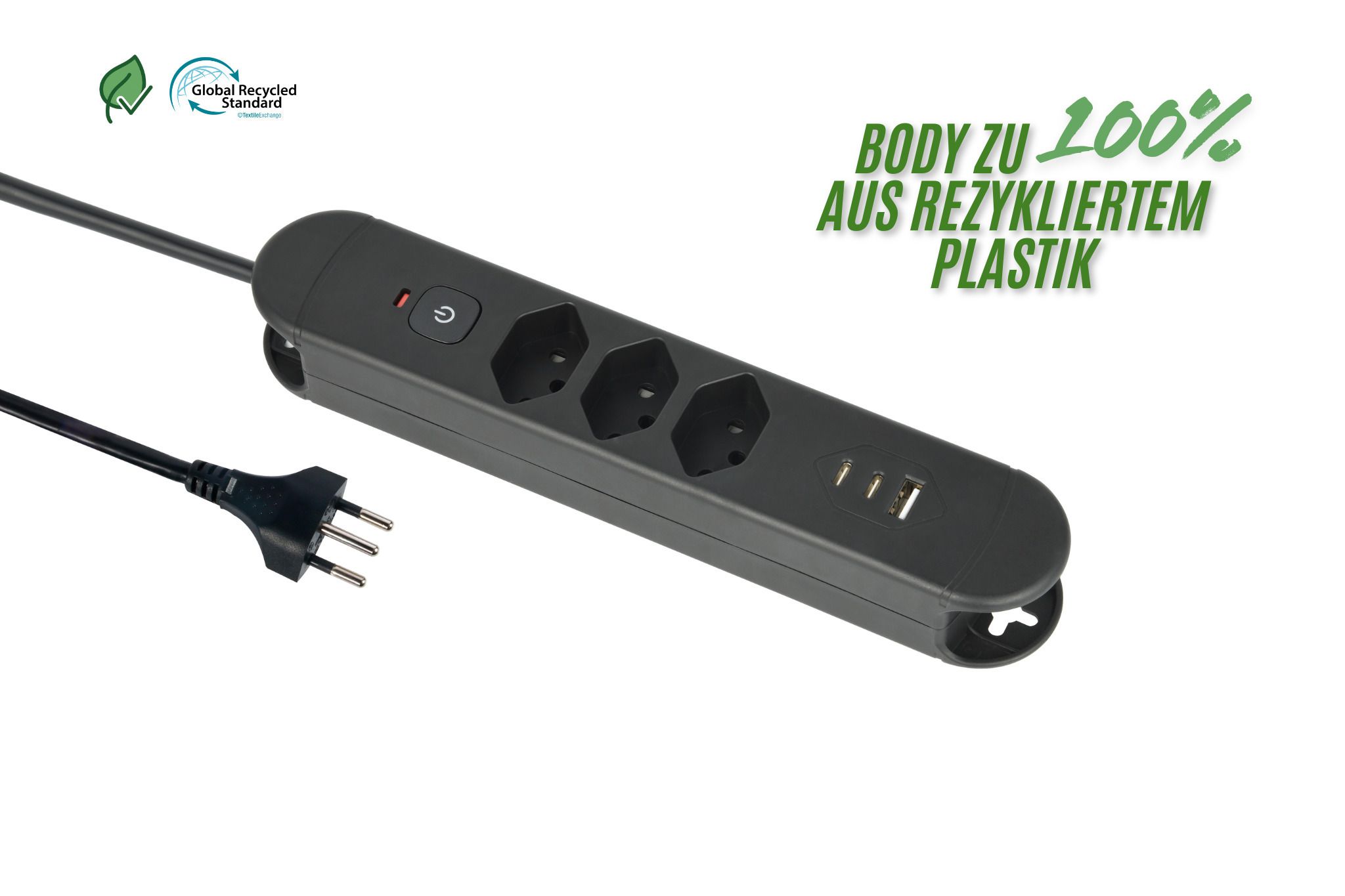 Steckdosenleiste Re:Life USB - 3x T13. 2x USB-C + 1x USB-A, 1.8m Kabel, schwarz