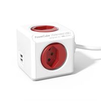 PowerCube Extended USB rot - 4xT13, 2xUSB-A max. 2.1 A, 1.5m Zuleitung T12-Stecker, inkl. Halterung + Klebestreifen, Kinderschutz