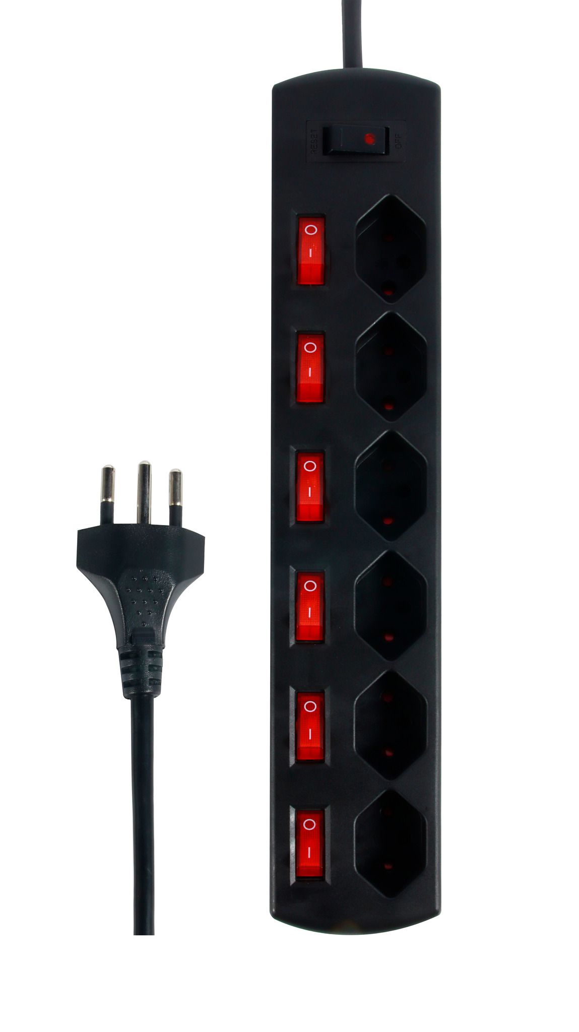 Steckdosenleiste Fix-Line+ MultiSwitch - 6xT13, 2.0m Kabel, einzeln schaltbar + Hauptschalter, schwarz