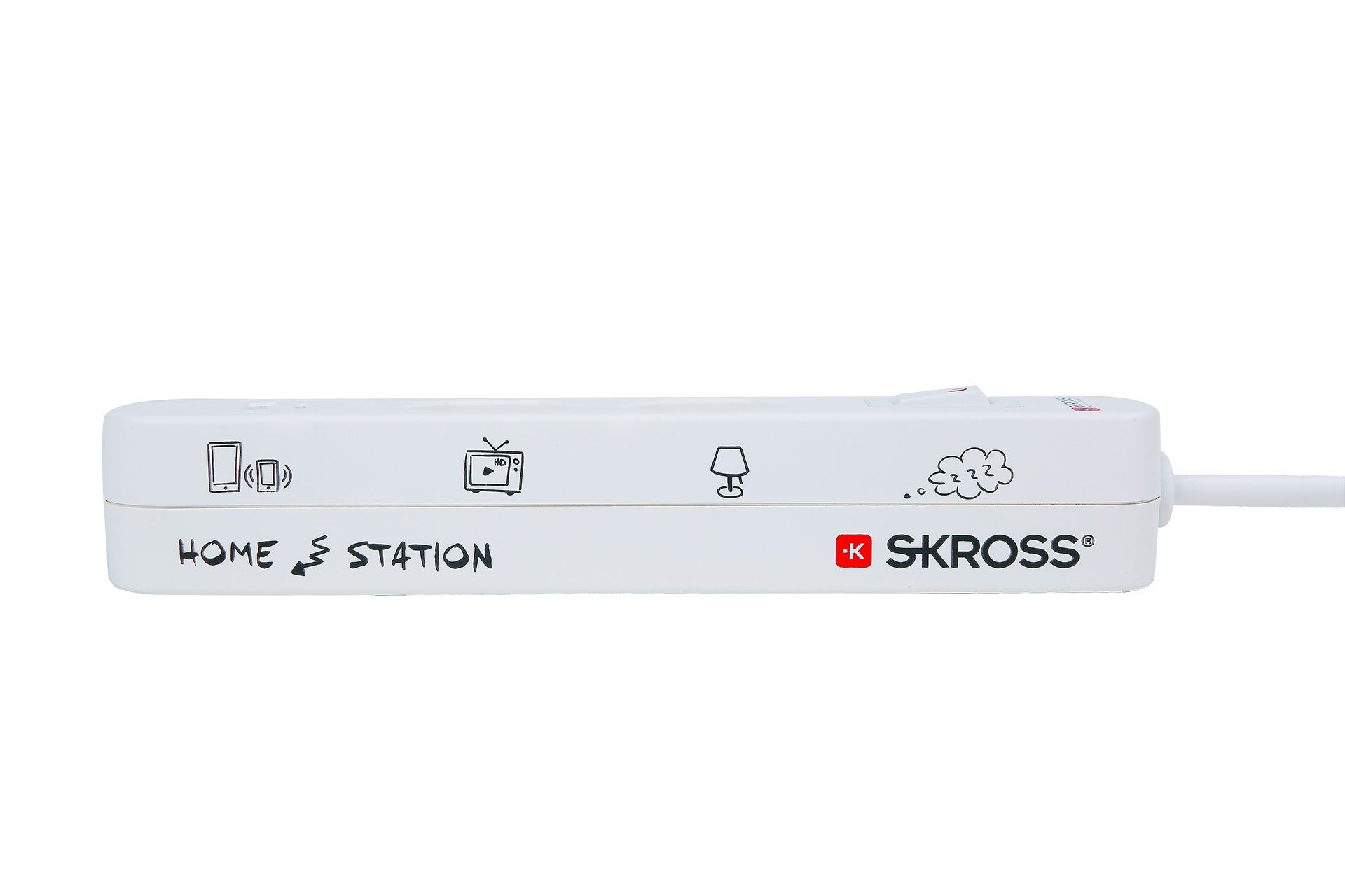 SKROSS Home Station USB-C - 1xUSB-C, 1xUSB-A 5.0V, max.3.4A 2xT13 quer, Flachstecker T12 mit Lasche, 1.5m Kabel, weiss
