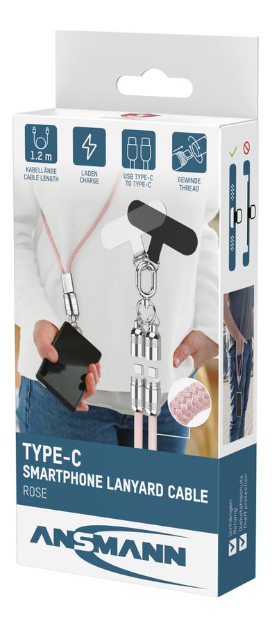Lanyard Kabel USB Typ-C zu USB Typ-C - 120 cm, rose