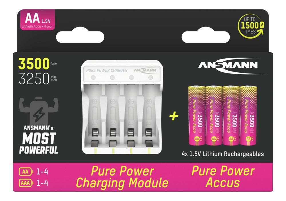 Pure Power Set 4× Mignon AA Akkus und Lademodul - Lithium-Ladegerät
