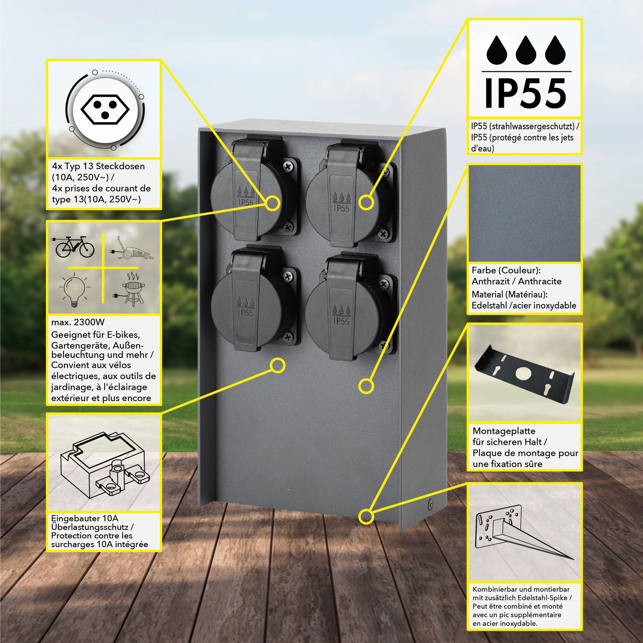 IP55 Energiesäule 4xT13 - 230V AC, max. 10A, 4xT13, IP55, schwarz-matt, rostfrei, Überlastschutz, L=130mm, B=85mm, H=230mm