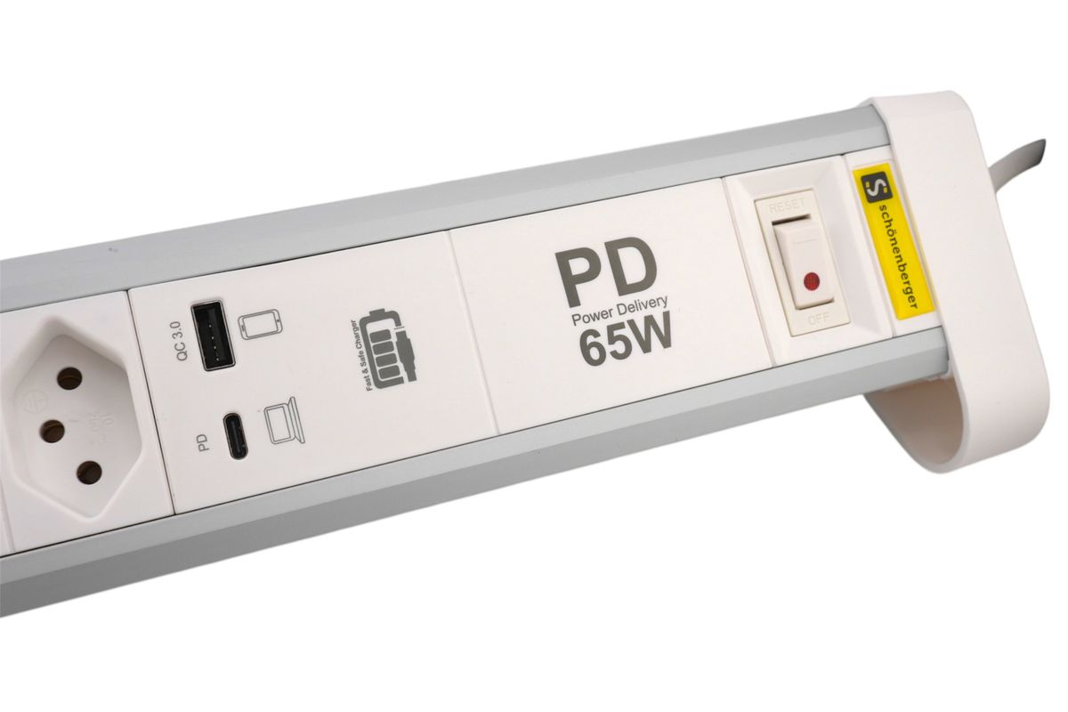 ALU Tisch-Steckdosenleiste NOTEBOOK - 4xT13,1x USB-C 1x USB-A PD 60W, 2.0m Kabel, Stecker T12, Aluminium/weiss