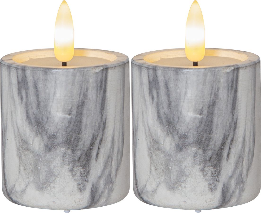 LED Pillar Kerze 2P Flamme Marble - Indoor, Grau, 9cm, Timerfunktion