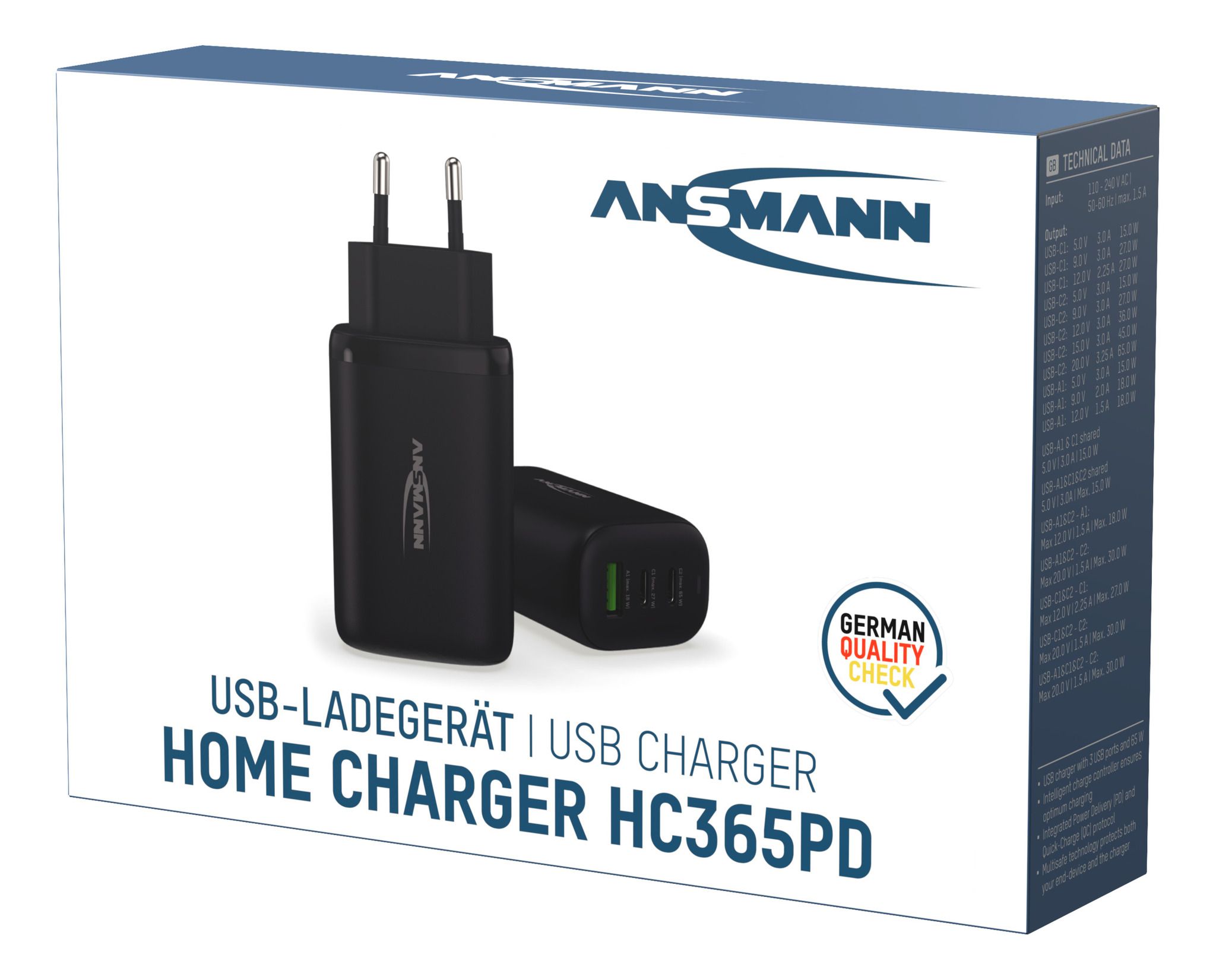 USB-Ladegerät Home Charger HC365PDschwarz / 3 A / 65 W / 3 Port - Home Charger HC365PD