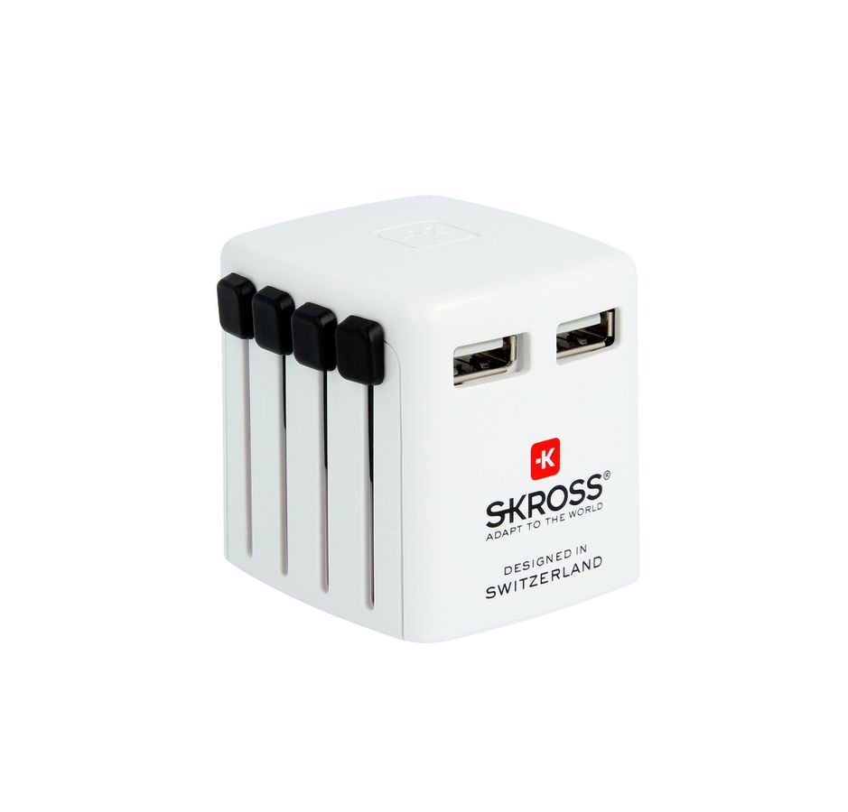 World USB Charger - Out: 2-Pol EU, UK, USA/Japan, AUS/China, 2xUSB-A 5.0V DC, max. 2.4A (shared), weiss