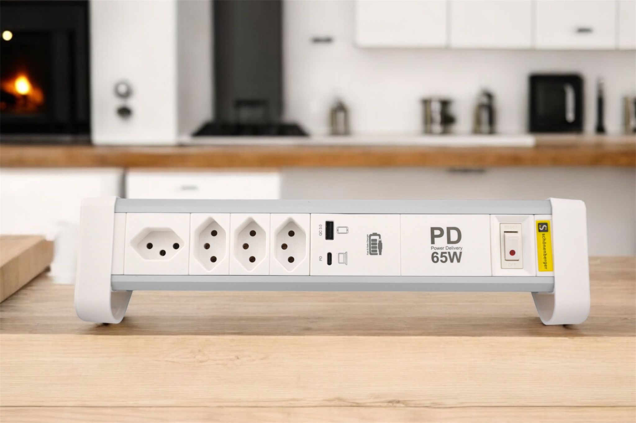 ALU Tisch-Steckdosenleiste NOTEBOOK - 4xT13,1x USB-C 1x USB-A PD 60W, 2.0m Kabel, Stecker T12, Aluminium/weiss