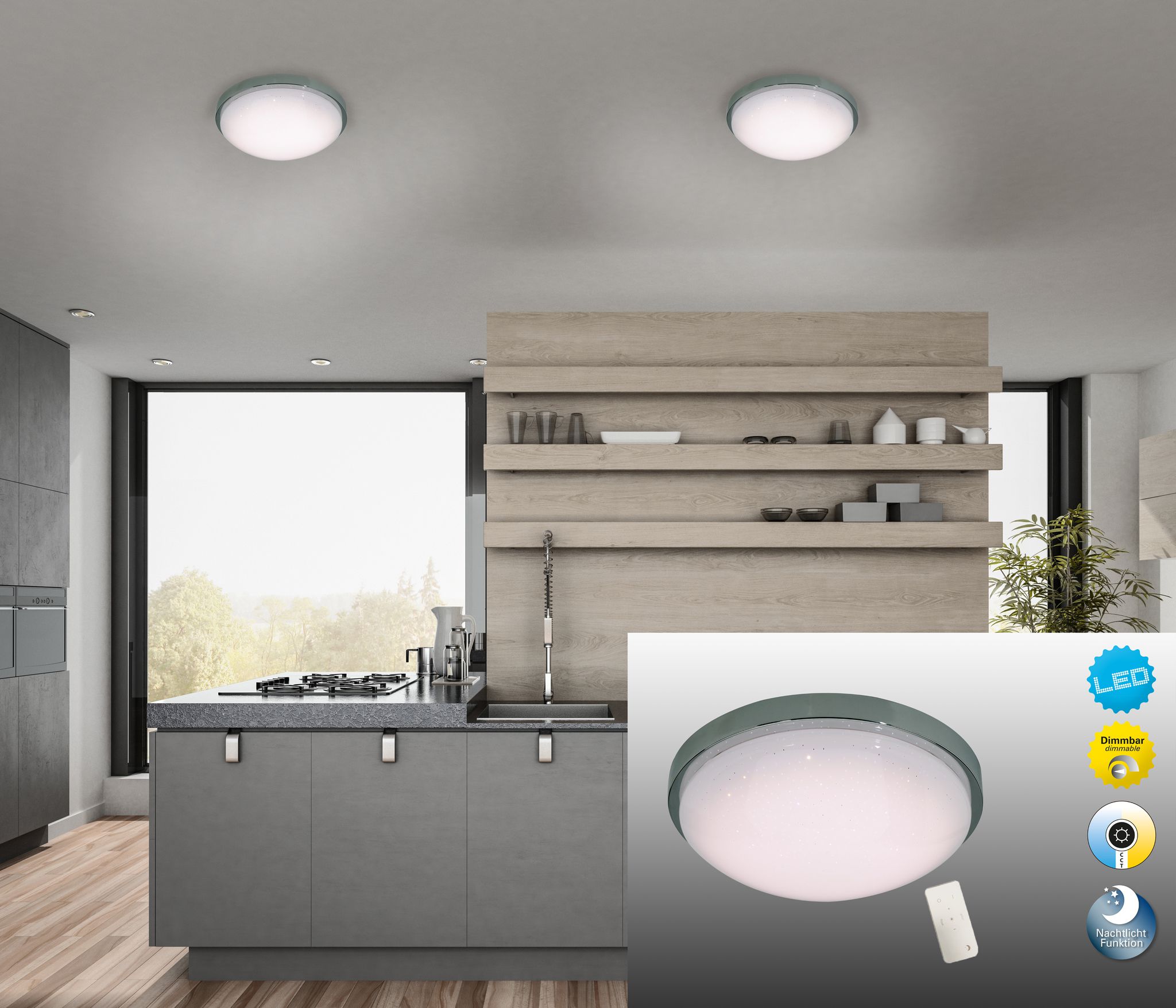 LED Wand u. Deckenleuchte Catania mit Kristalleffekt d:29cm - LED fest verbaut, 2700-6500K, warm-kaltweiss