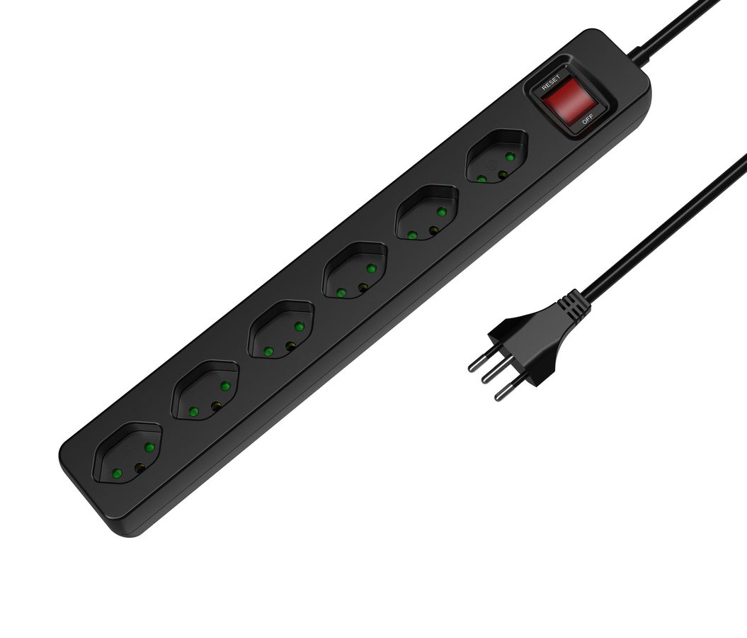 Plus Multipresa - 6x T13 quer, 1.5m Zuleitung H05VV-F 3G1.0mm2, Überlastschutz-Schalter, Kinderschutz, schwarz