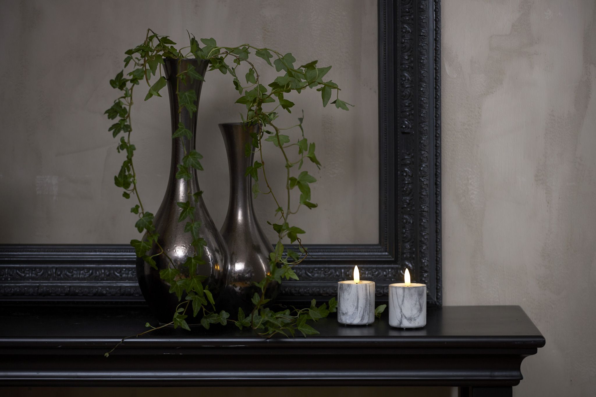 LED Pillar Kerze 2P Flamme Marble - Indoor, Grau, 9cm, Timerfunktion