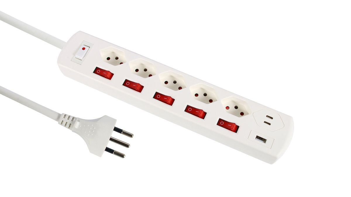 Steckdosenleiste Fix-Line+ MultiSwitch USB AC - 5x T13, 2x USB-C + 1x USB-A PD 20W, 2.0m Kabel, einzeln schaltbar + Hauptschalter, weiss