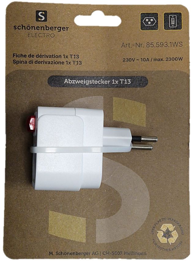 Abzweigstecker 1x T13 mit Schalter - 1xT13, T12 Stecker, integrierter Leuchtschalter, weiss, mit Kinderschutz