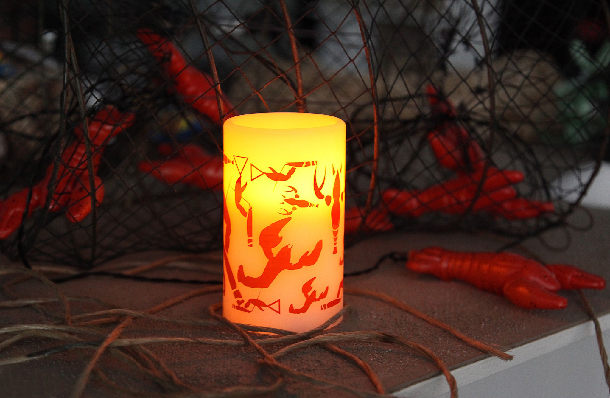 LED Pillar Kerze Crayfish Party - Indoor, Weiss, 12.5cm Höhe, Timerfunktion