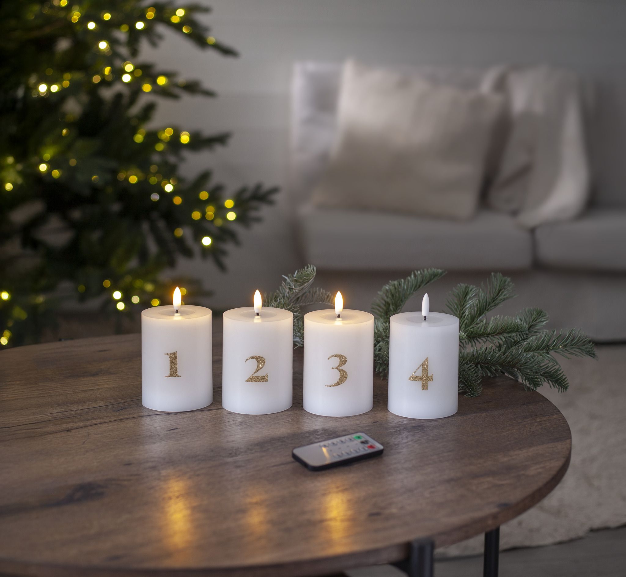 LED Pillar Kerze 4 pack Flamme Advent - Indoor, Weiss, 12.50 cm Höhe, Timerfunktion