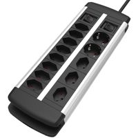 XXL ALU Steckdosenleiste COMBO - 2x Schuko, 11x T13 (3 davon horizontal), 3.0m Zuleitung H05VV-F 3G1.5mm2, 2x Schalter, Aluminium