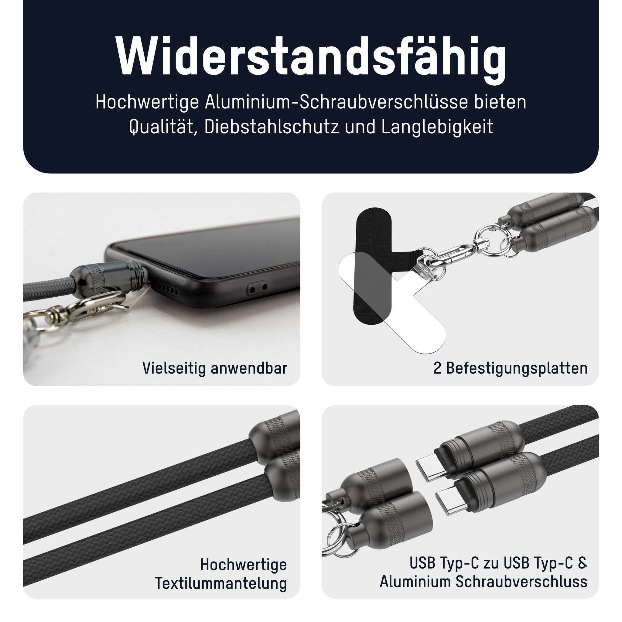 Lanyard Kabel USB Typ-C zu USB Typ-C - 120 cm, schwarz