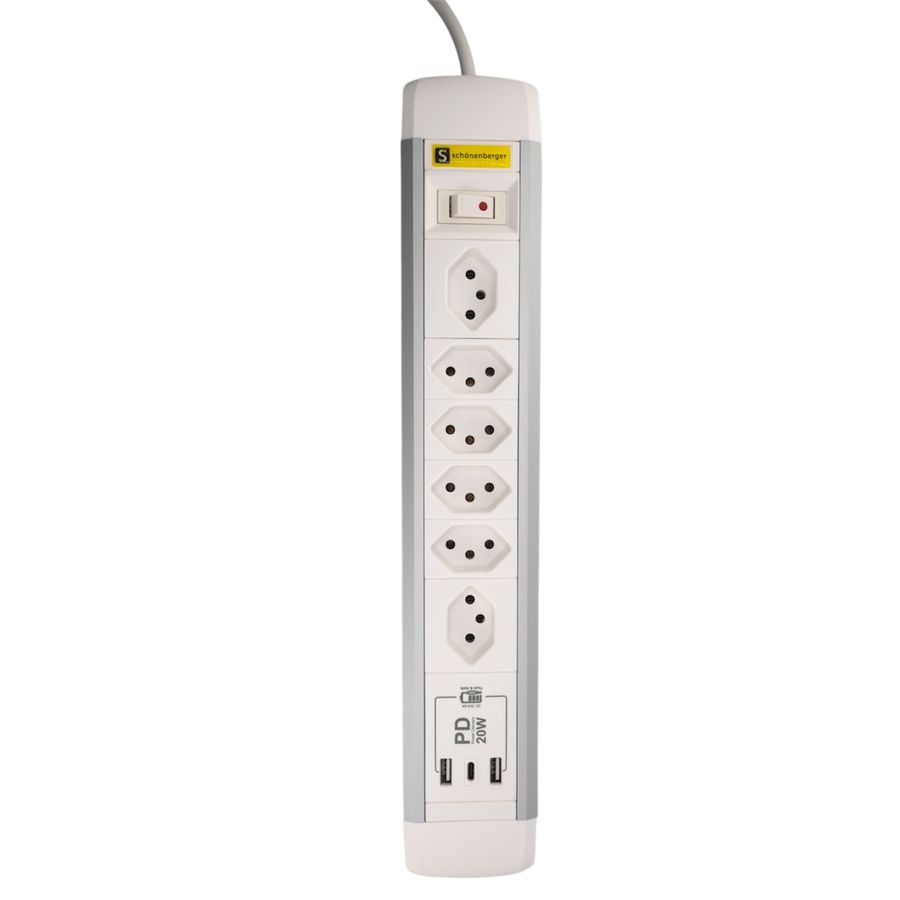 ALU Steckdosenleiste USB-C - 6xT13, 1x USB-C + 2x USB-A max. 3.4A - PD 20W, 2.0m Zuleitung, Stecker T12, Aluminium/weiss