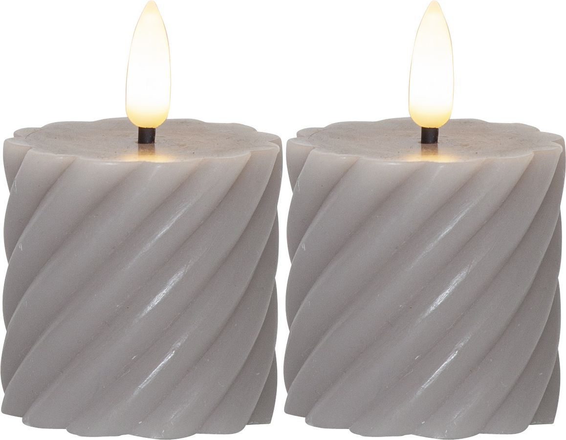 LED Pillar Kerze 2er Pack Flamme Swirl - Indoor, Grau, 7.50 cm Höhe,  Timerfunktion