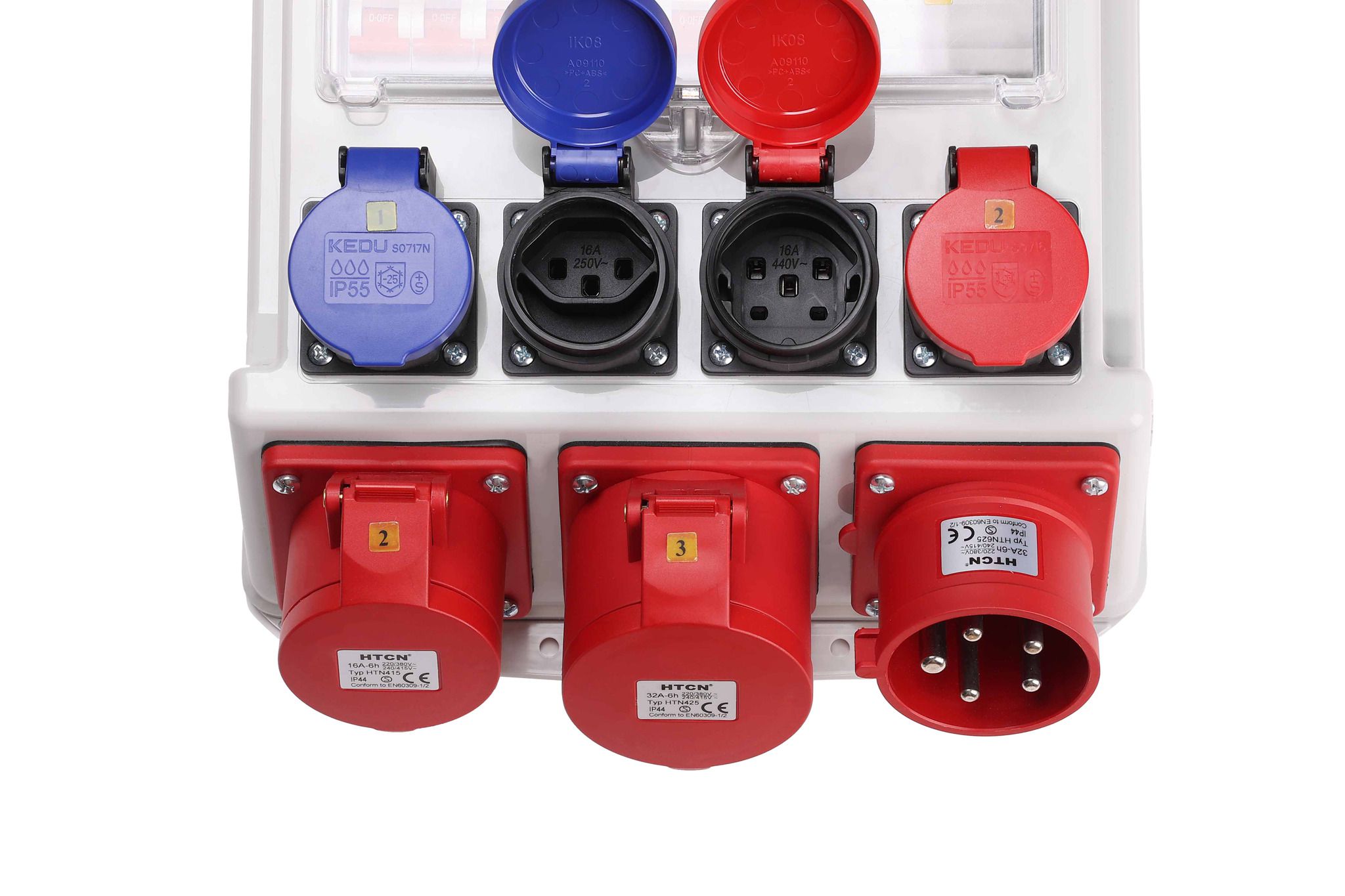 Wandstromverteiler 32A IP44/IP55 - Input: 1x CEE32/5 Output: 1xCEE32/5 1xCEE16/5 2xT23 2xT25