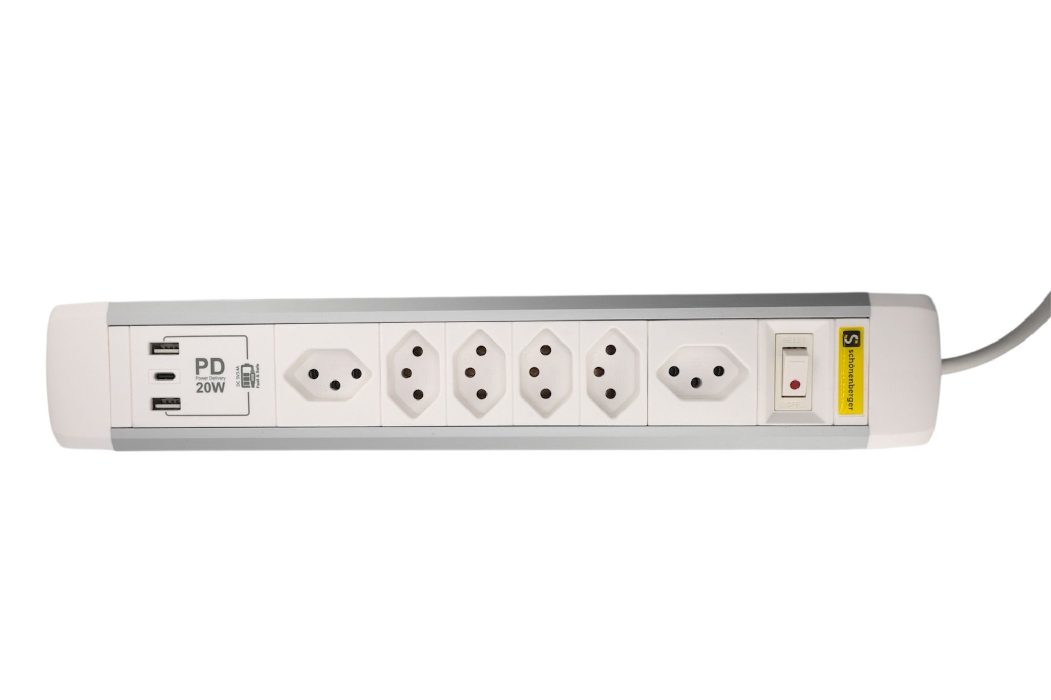 ALU Steckdosenleiste USB-C - 6xT13, 1x USB-C + 2x USB-A max. 3.4A - PD 20W, 2.0m Zuleitung, Stecker T12, Aluminium/weiss
