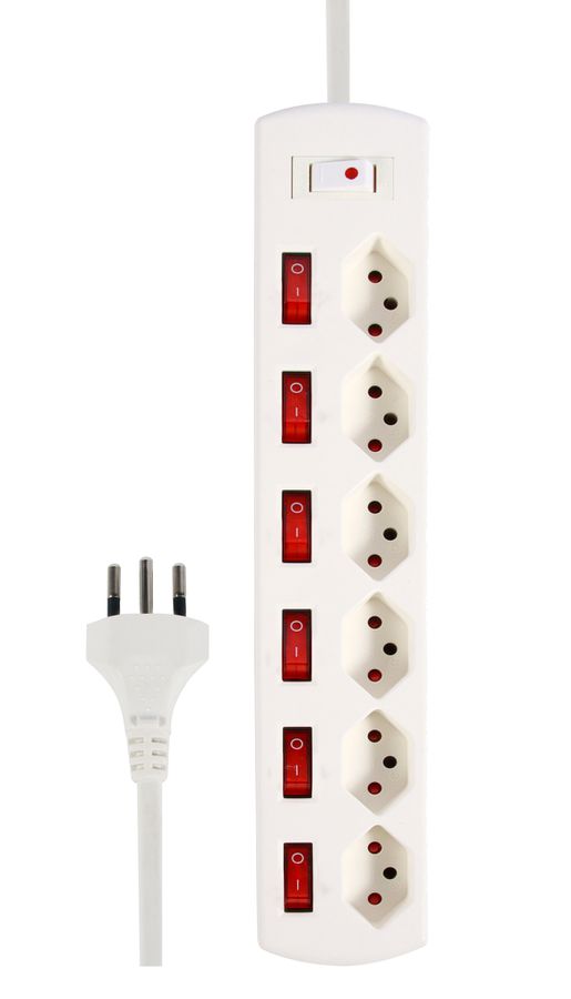 Steckdosenleiste Fix-Line+ MultiSwitch - 6xT13, 2.0m Kabel, einzeln schaltbar + Hauptschalter, weiss
