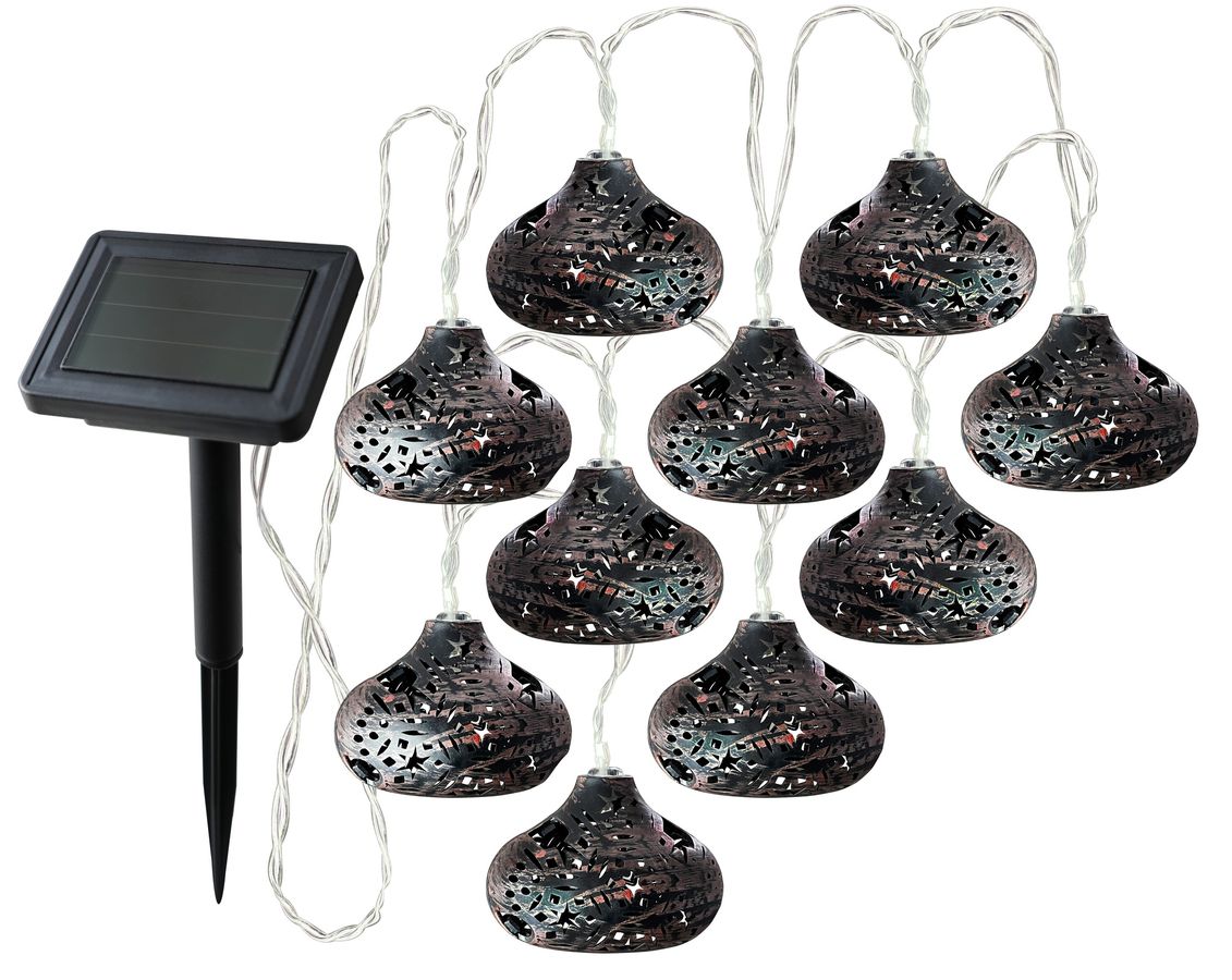 LED Solar Lichterkette SURYA - AKKU-Batt. (1.2V DC 300mAh), 3000K,IP44,schwarz,10 Leucht.,Solarpanel 40x57mm,L=3650mm,D=70mm,H=50mm