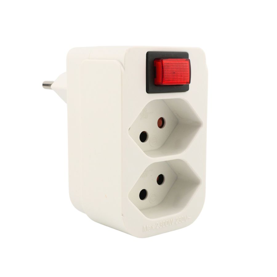 Abzweigstecker 2x T13 mit Schalter - 2xT13, T12 Stecker, integrierter Leuchtschalter, weiss, mit Kinderschutz