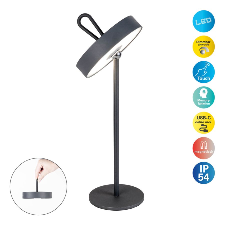 LED-Akku-Tischleuchte Magnetisch ELLA - LED-Modul, 3W, IP54, grau