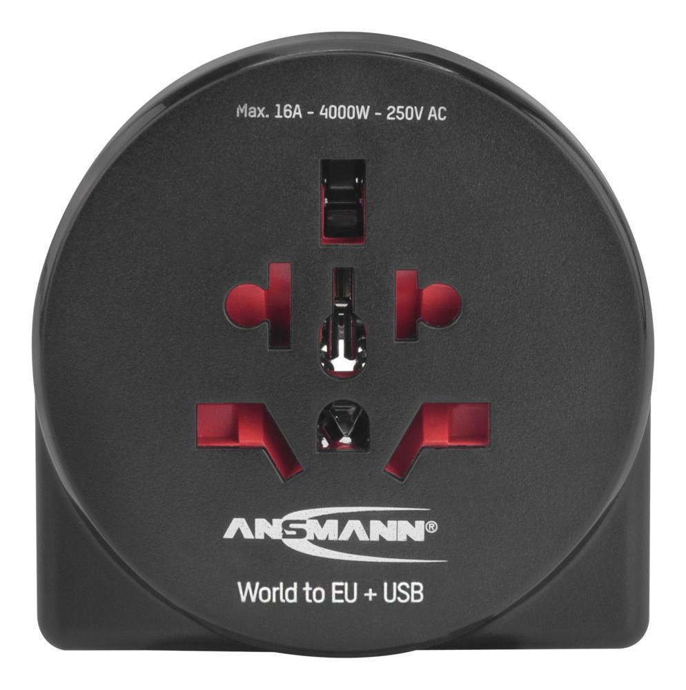 Reisestecker World to EU + USB - mit Schutzleiter für Geräte der Schutzklasse I & II, für Reisen in Länder mit Schuko-Steckdose