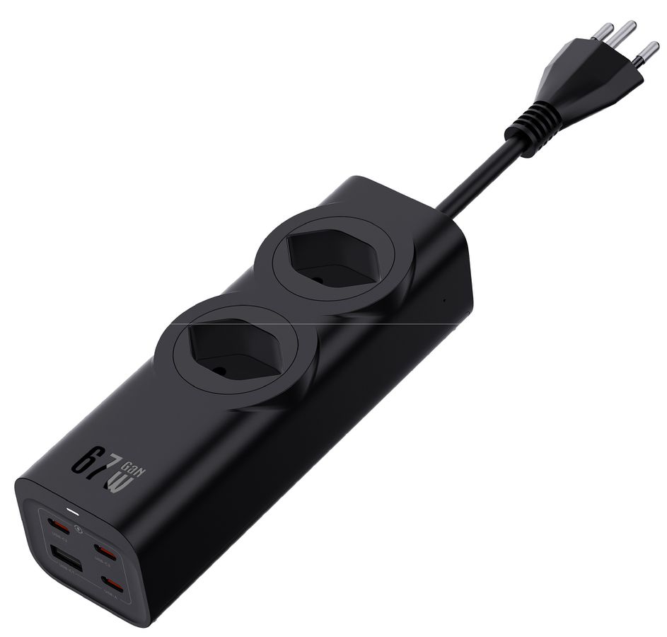 67W GaN Fast Charging Station - 2x T13, Out: USB-C1/ C2/ C3: 67W PD, C1+C2 shared: 45W + C3: 20W, USB-A: 5W, GaN, 2m Kabel, schwarz