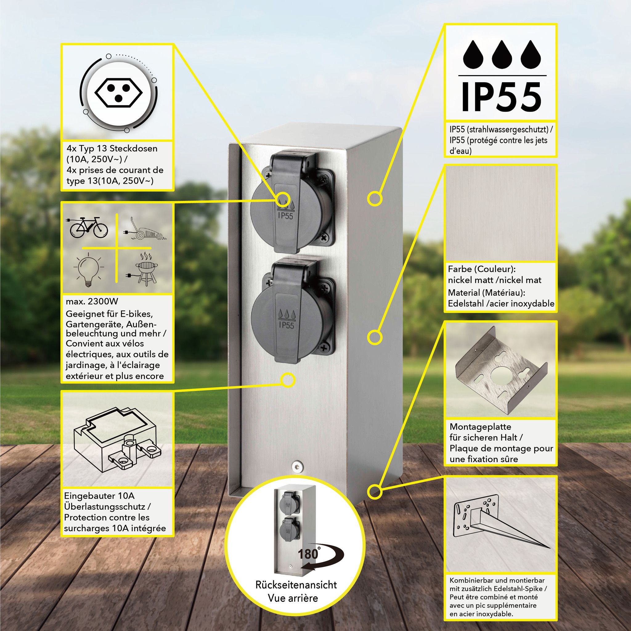 IP55 Energiesäule 4xT13 - 230V AC, max. 10A, 4xT13, IP55, nickel, rostfrei, Überlastschutz, L=130mm, B=85mm, H=230mm