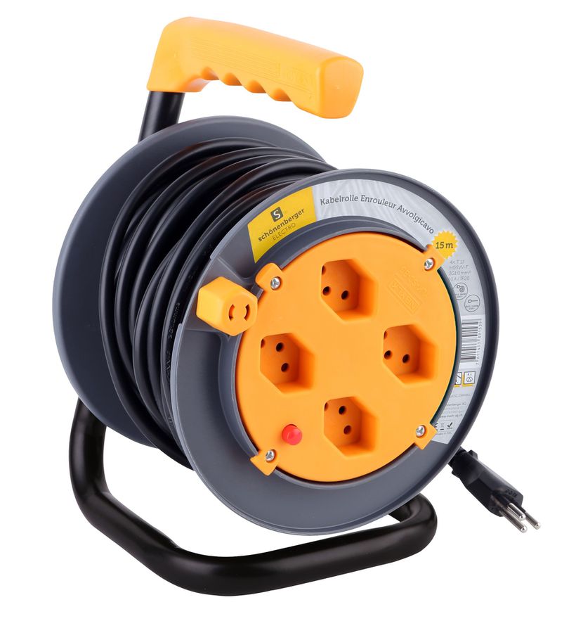 Avvolgicavi 4x T.13 - 4x T.13, 15m Kabel H05VV-F-3G1mm2, orange/schwarz, Thermoschutz, IP20